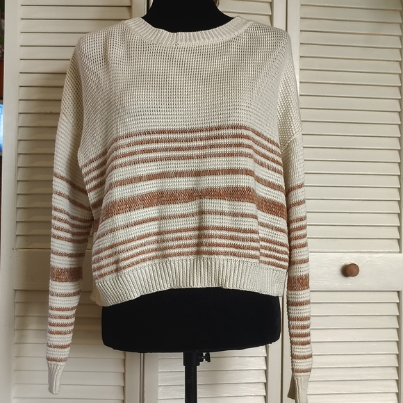 Lumiere Sweaters - Lumiere Cream and Brown Striped Loose Knit Sweater